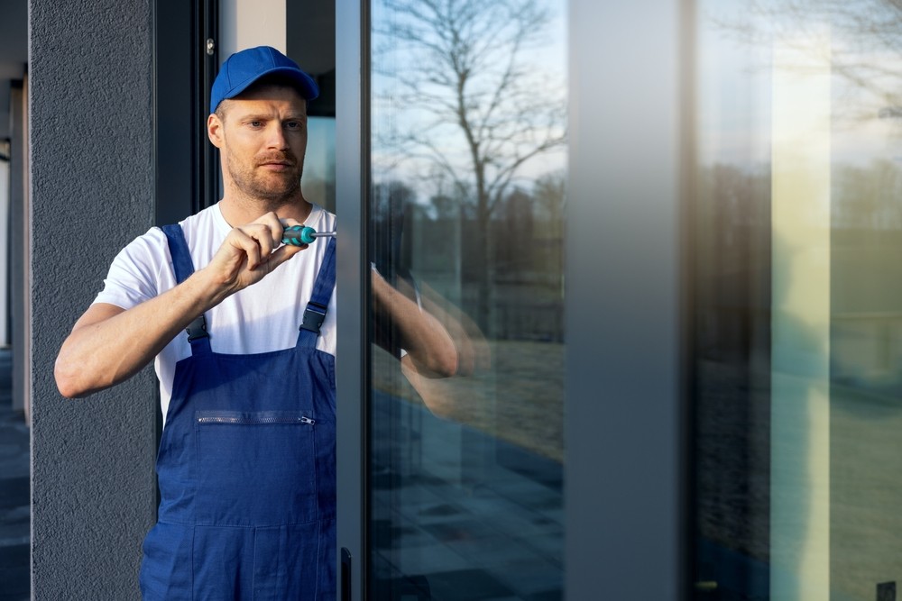 Callender's House of Glass technician installing glass door window