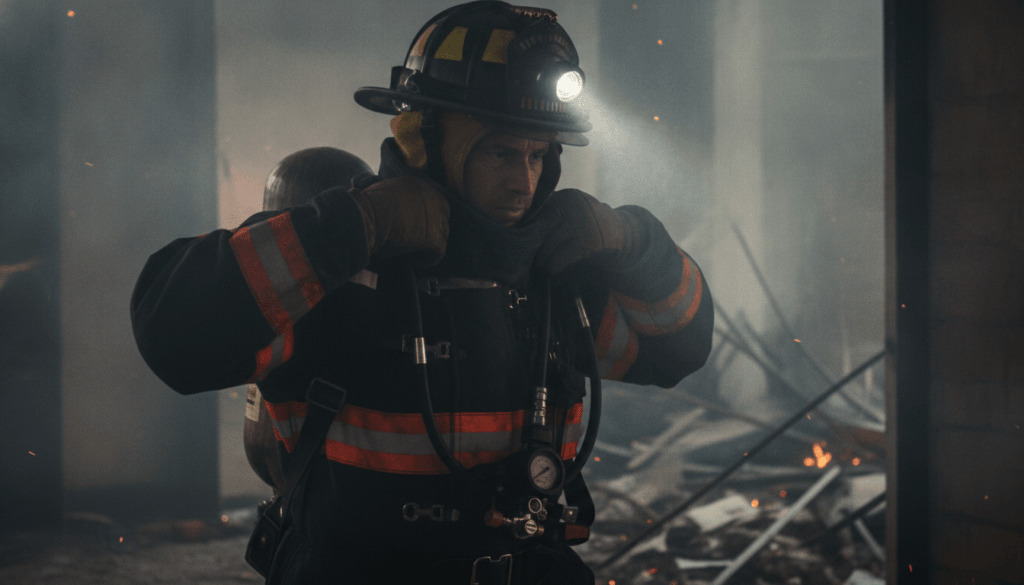 NorthLink Safety Training & Services: worker wearing protective helmet and firefighting gear in a smoky industrial setting