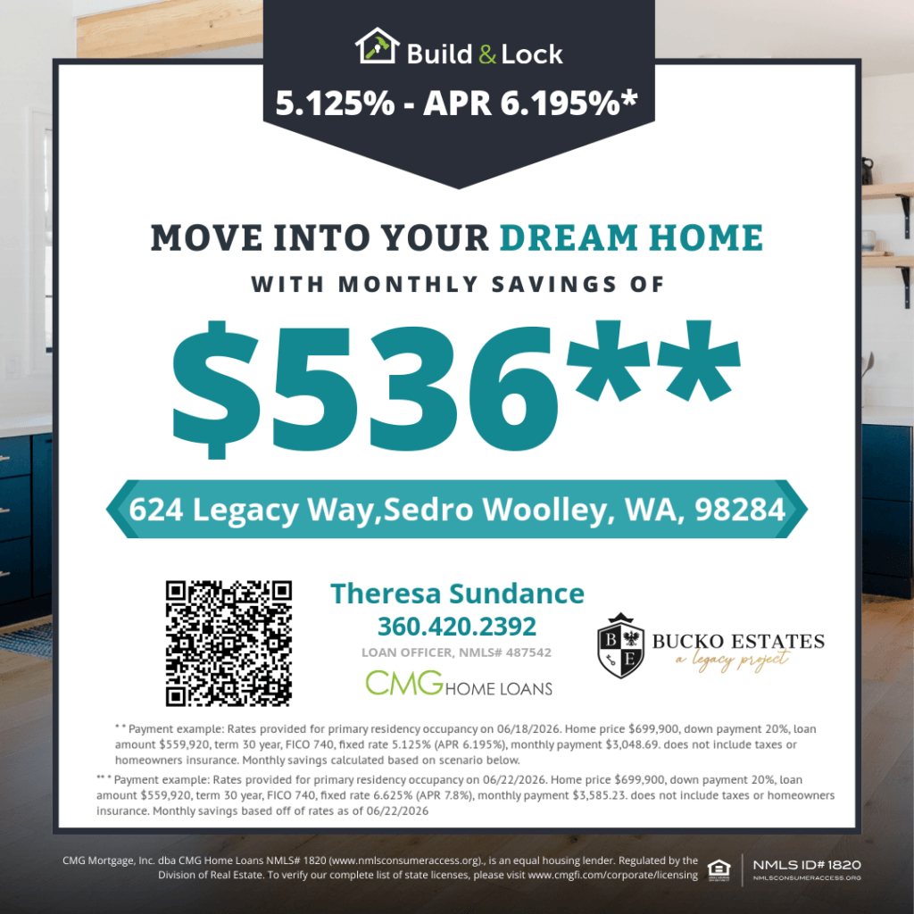 Build & Lock mortgage ad showing $5356 savings and 5.125% APR for 624 Legacy Way, Sedro Woolley, WA