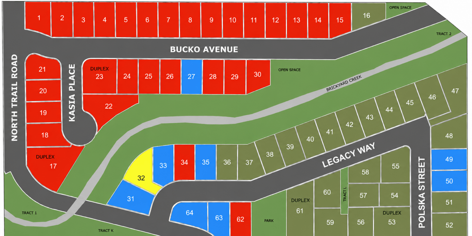 Bucko Avenue subdivision map showing tract blocks, street names, and lot numbers including Tract 1, Tract 2, Legacy Way, and Polkaska Street