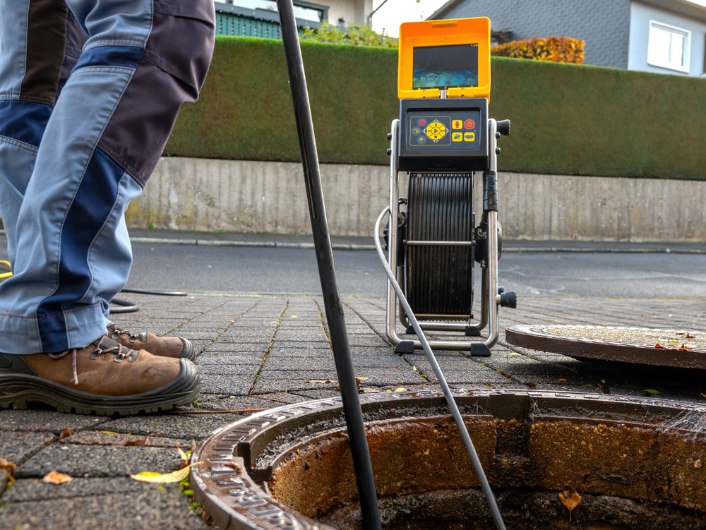 RJ Carroll & Sons Plumbing technician using a leak detection device outdoors in a residential driveway