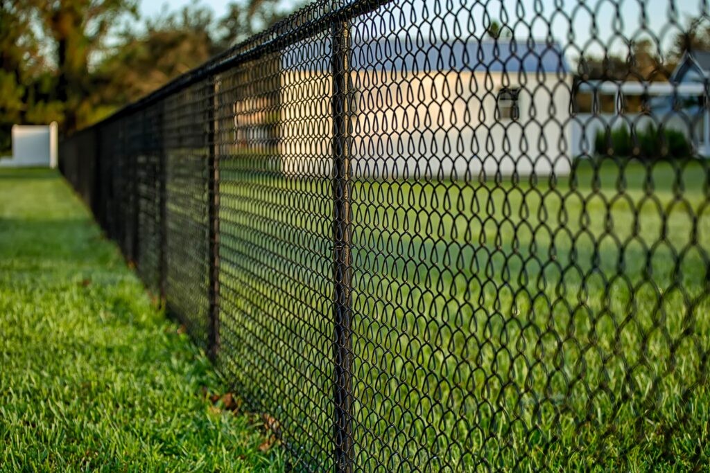 A metal fence on a residential property with trees and green grass