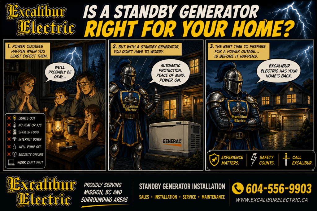 Excalibur Electric Ltd. standby generator advertisement with a Generac generator and storm-ready backup power message