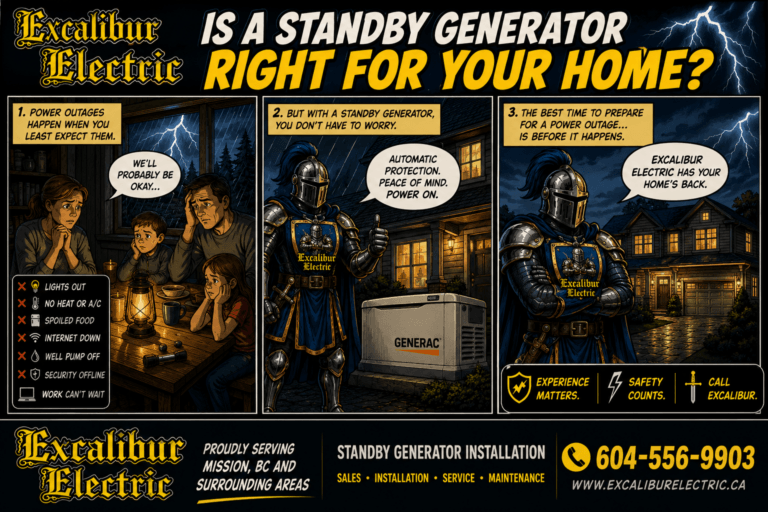 Excalibur Electric Ltd. standby generator advertisement with a Generac generator and storm-ready backup power message