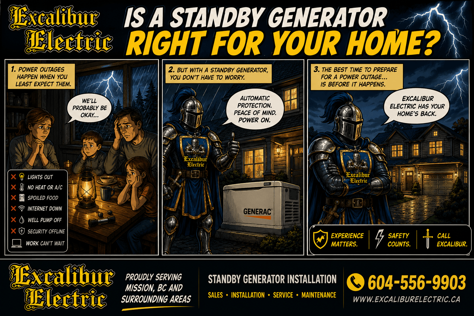Excalibur Electric Ltd. standby generator advertisement with a Generac generator and storm-ready backup power message