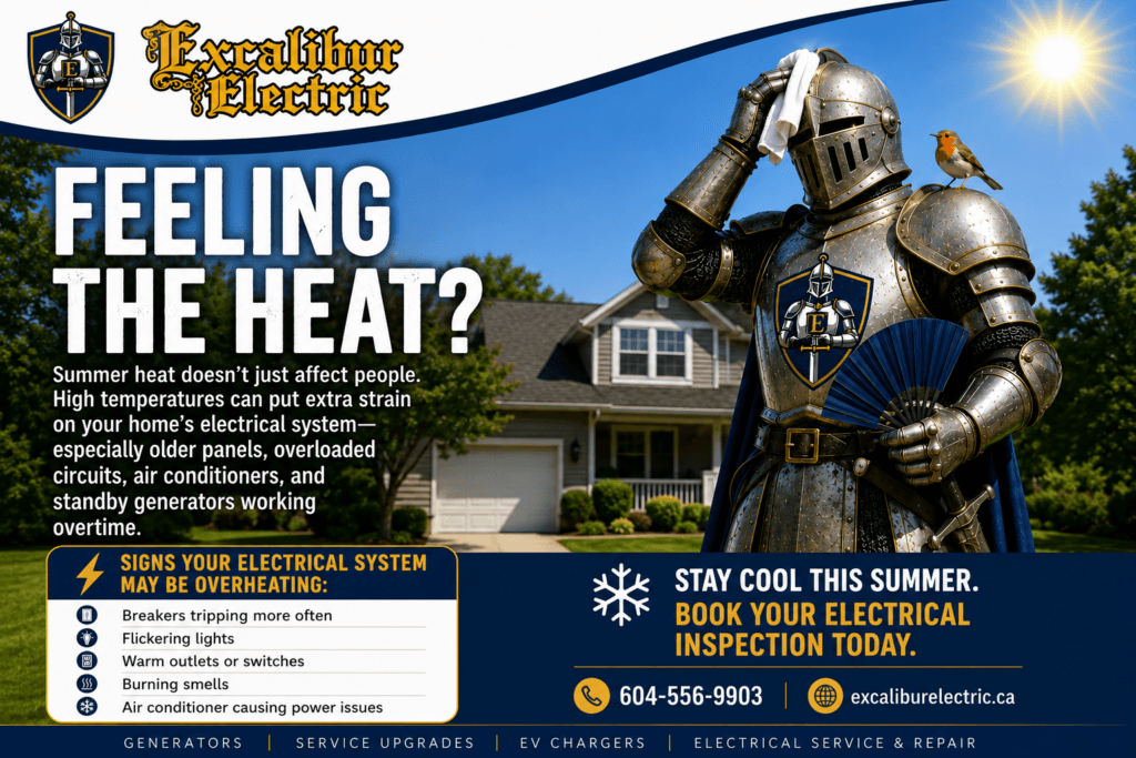 Excalibur Electric Ltd promotional image featuring a knight in armor and the message “Feeling the Heat?” with summer electrical inspection call to action.