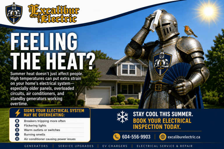 Excalibur Electric Ltd promotional image featuring a knight in armor and the message “Feeling the Heat?” with summer electrical inspection call to action.