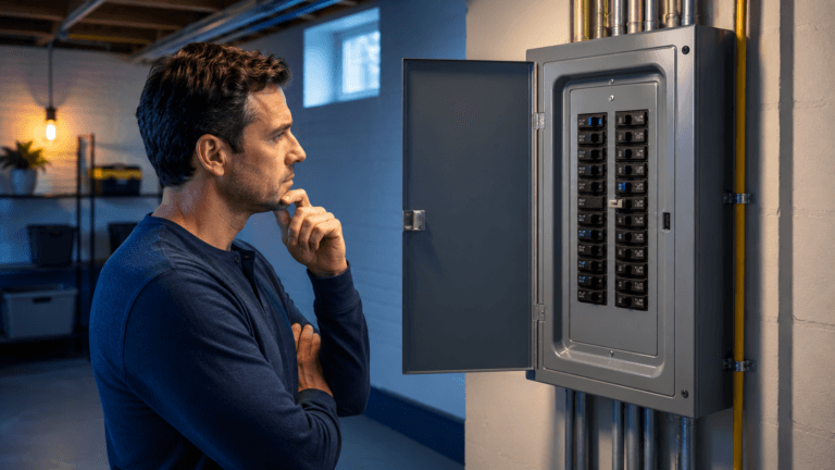 Homeowner examining an electrical panel after a circuit breaker trips