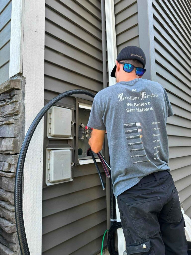 Excalibur Electric Ltd electrician working on outdoor electrical panel with conduit and wiring